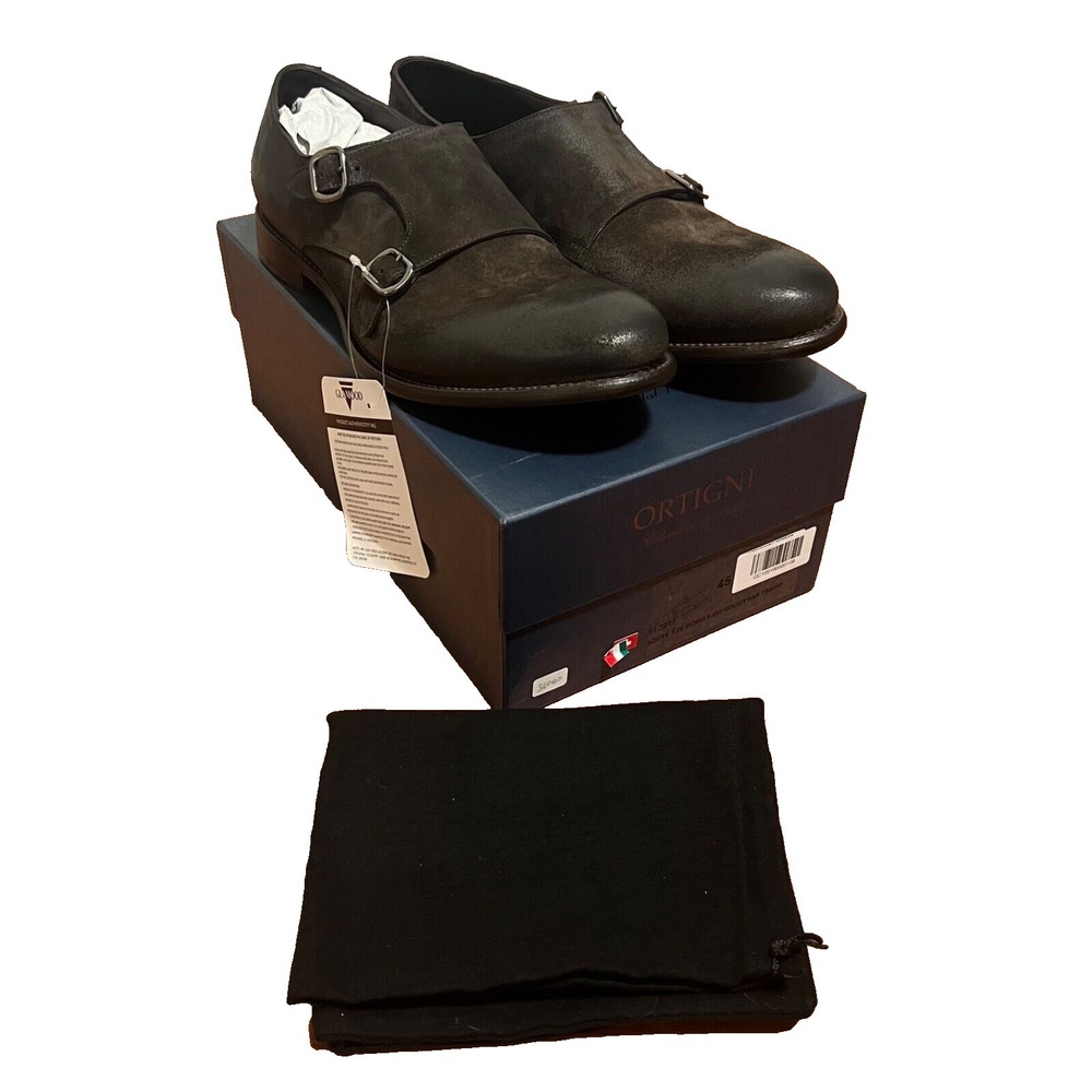RT 340€ NEW ORTIGNI Men's Dark Brown Suede Double monk strap Loafers EU 45 12 US